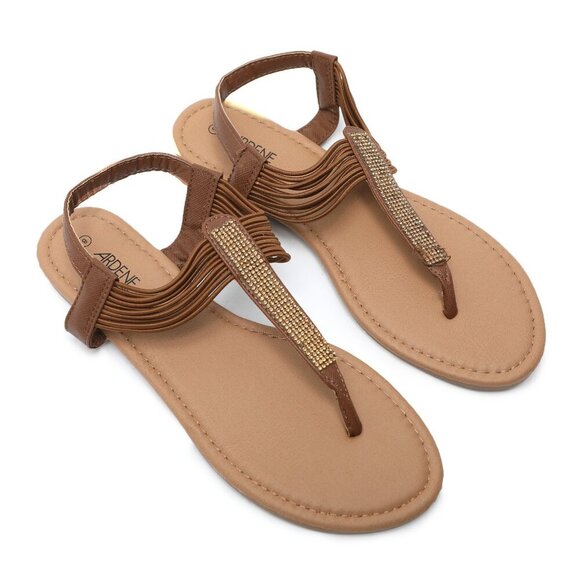 T-Strap Jewel Gemstone Ardene Sandals Brown Bronze Elastic Stretch Summer Flats - Picture 1 of 9